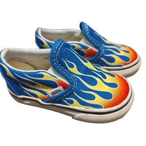 Vans Shoes Kids 4.5 Classic Slip On Blue Flame Fire Canvas Low Top Sneaker